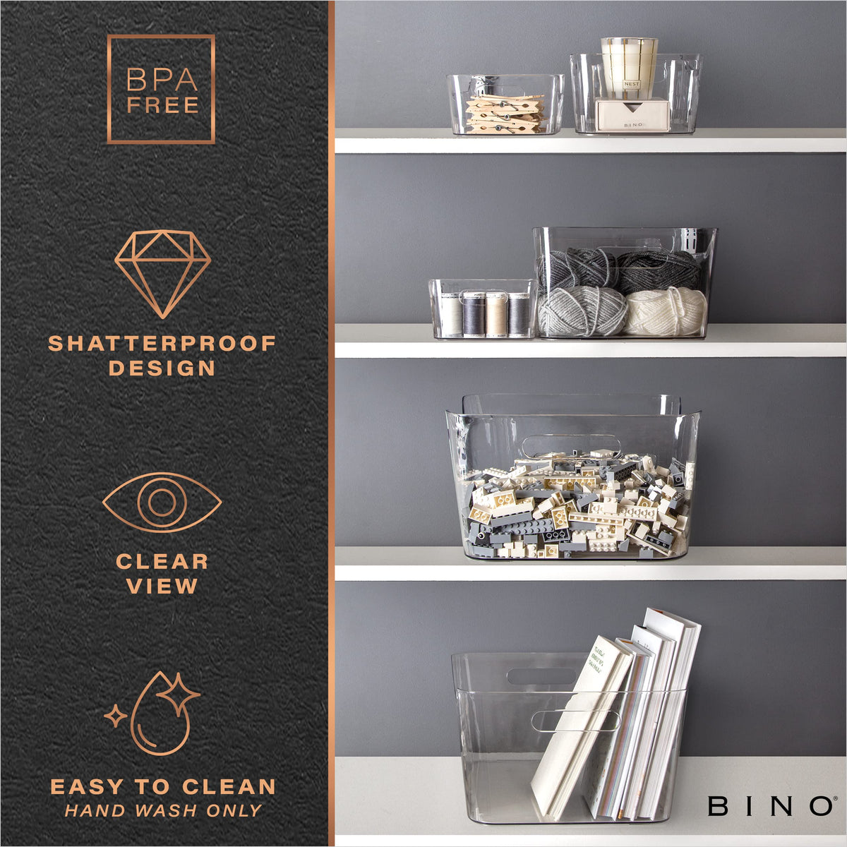 BINO rounded edges bin with smooth corners for kid-friendly handling.