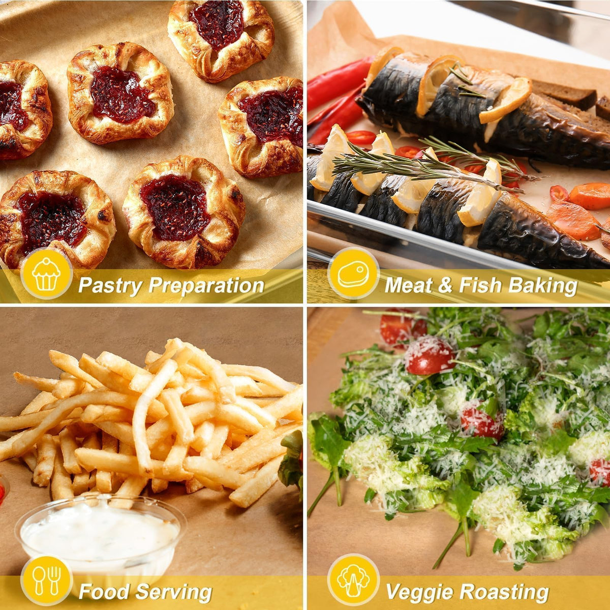 Parchment paper on a baking tray protecting food and pan