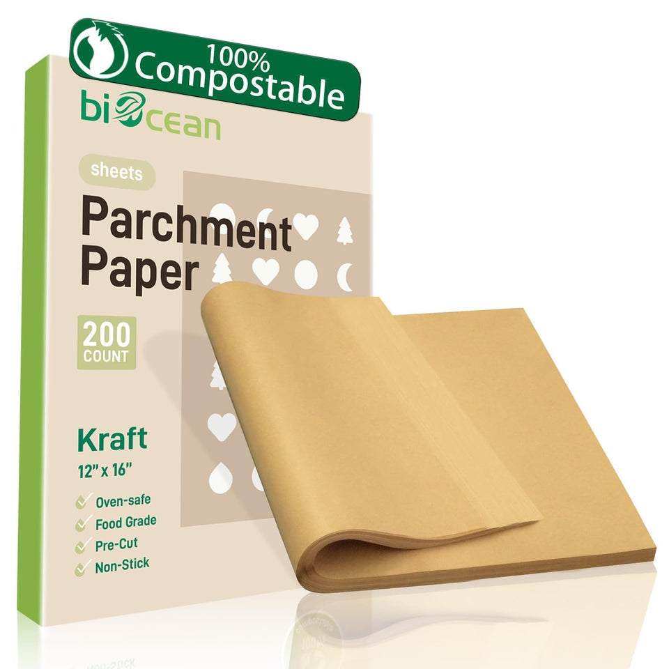 Biocean unbleached parchment sheets laid out on a baking tray for non-stick baking