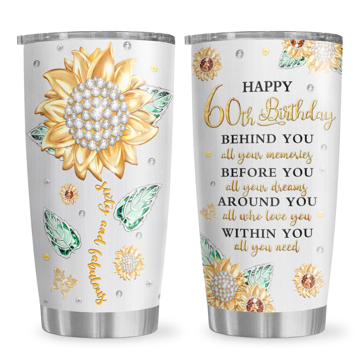 Biomlon 60th birthday tumbler front design, a stylish gift idea for her.