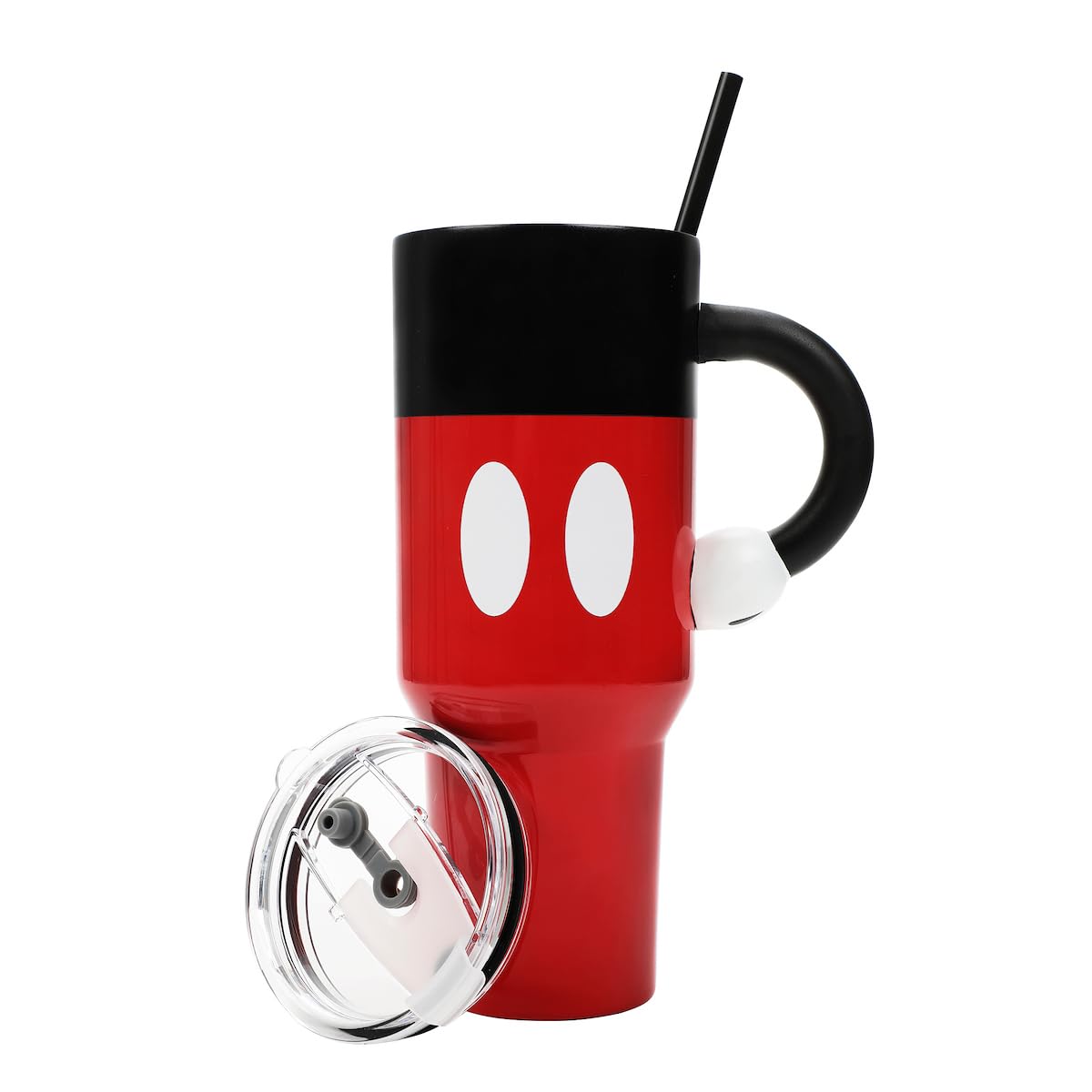 Bioworld Disney Mickey Mouse 40oz tumbler front view with arm handle for daily hydration