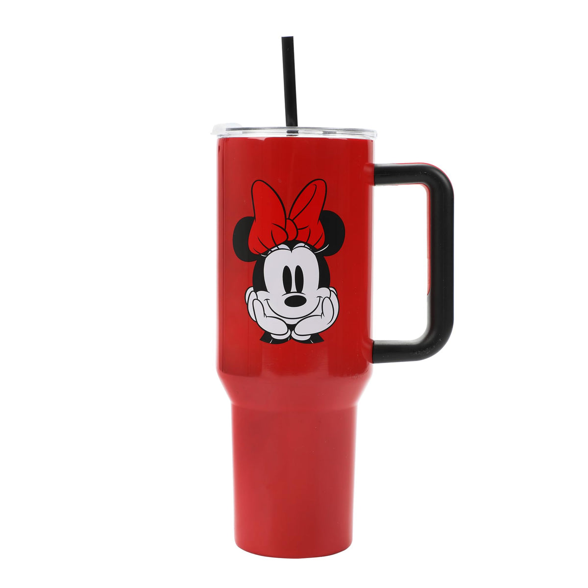 Bioworld Minnie Mouse 40oz tumbler lid close-up showing secure seal.