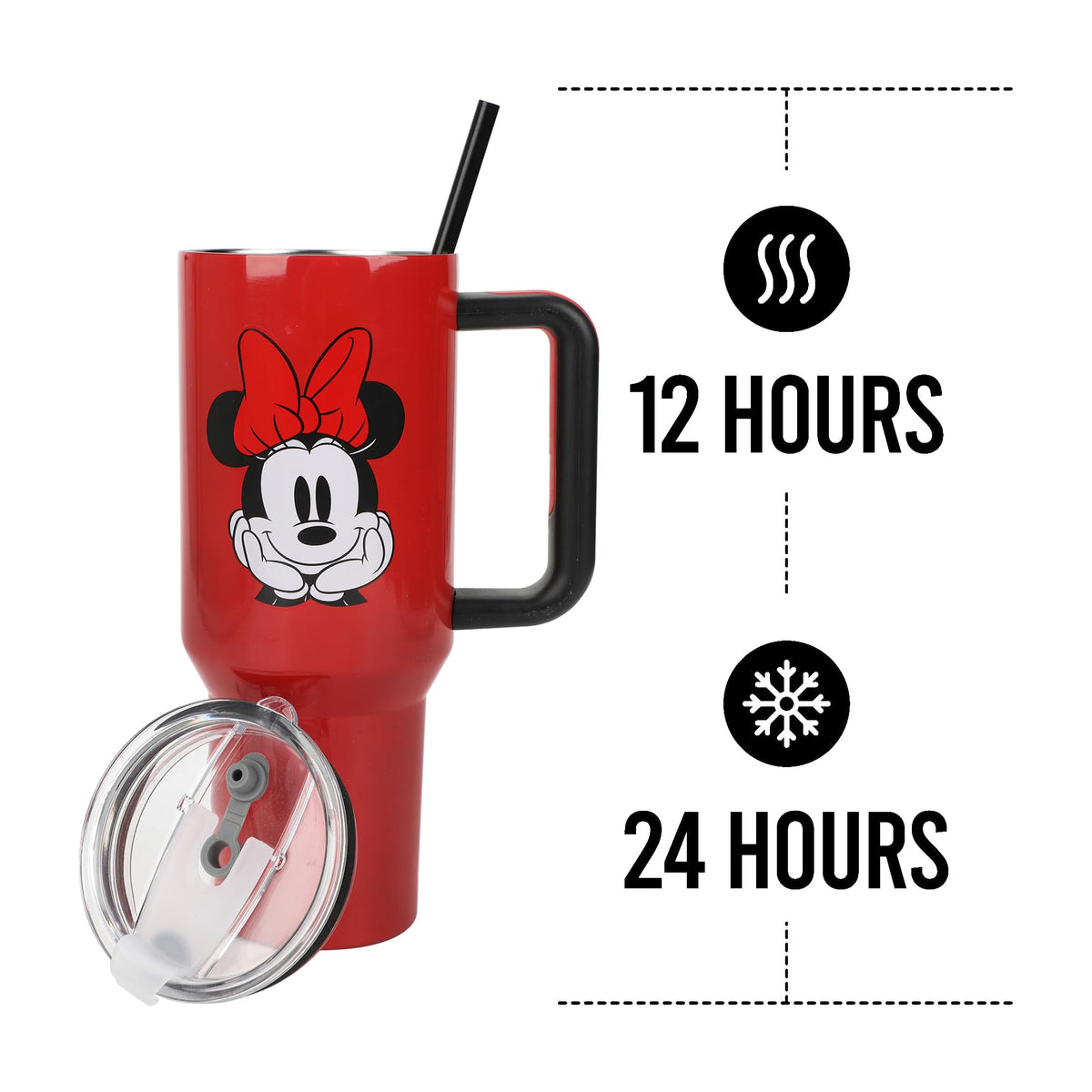 Bioworld Minnie Mouse 40oz tumbler side view on red background for stylish carry.