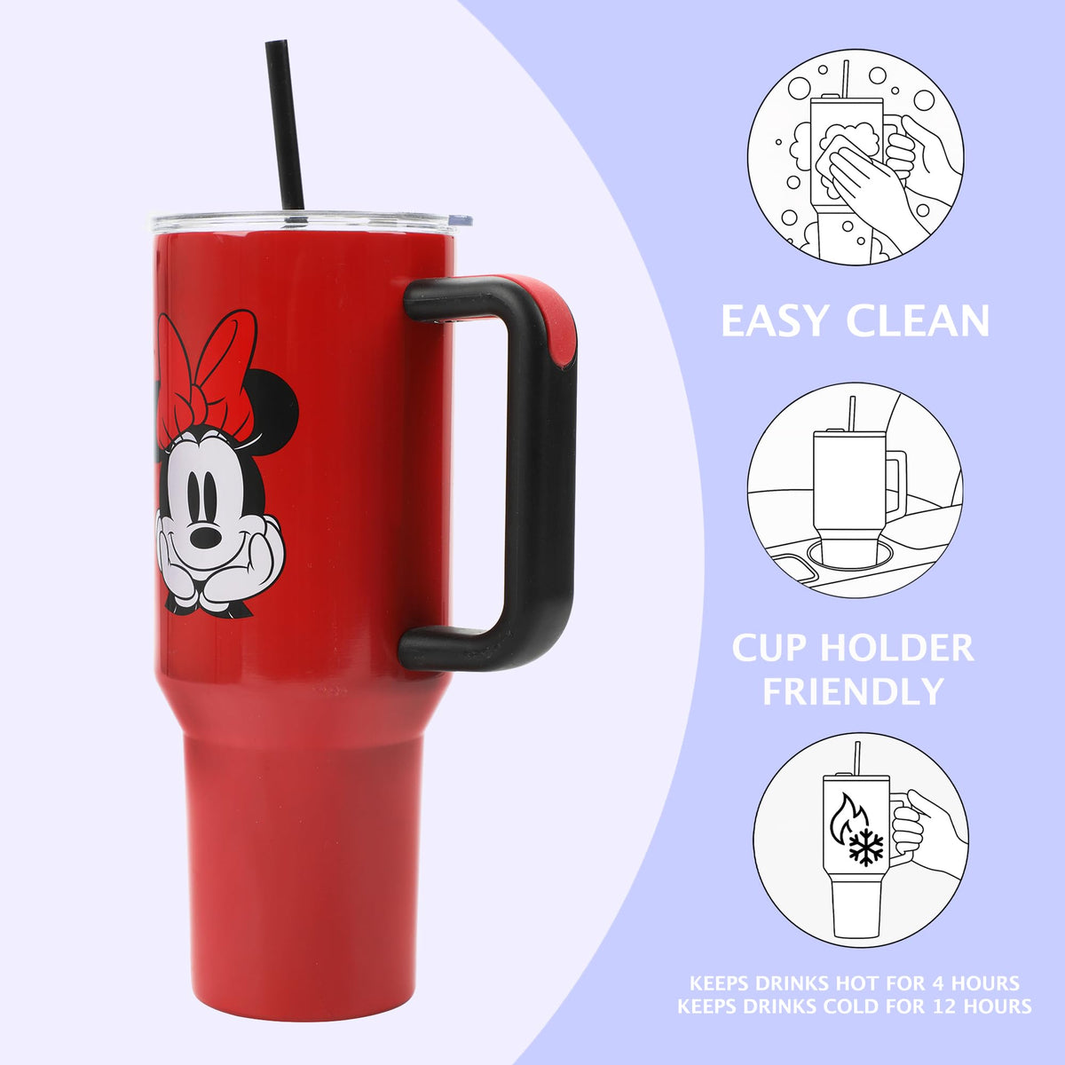 Bioworld Minnie Mouse 40oz tumbler with handle highlights easy portability.