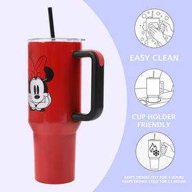 Bioworld Minnie Mouse 40oz tumbler with handle highlights easy portability.