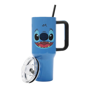 Bioworld Disney Stitch 40oz tumbler with blue handle for easy on-the-go hydration.