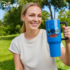 Bioworld Disney Stitch 40oz tumbler compact dimensions fit car cup holders.