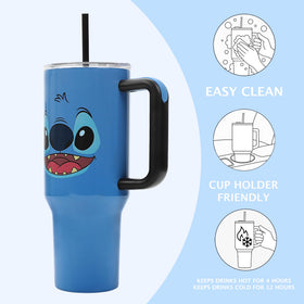 Bioworld Disney Stitch 40oz tumbler with ergonomic handle for comfortable carrying.