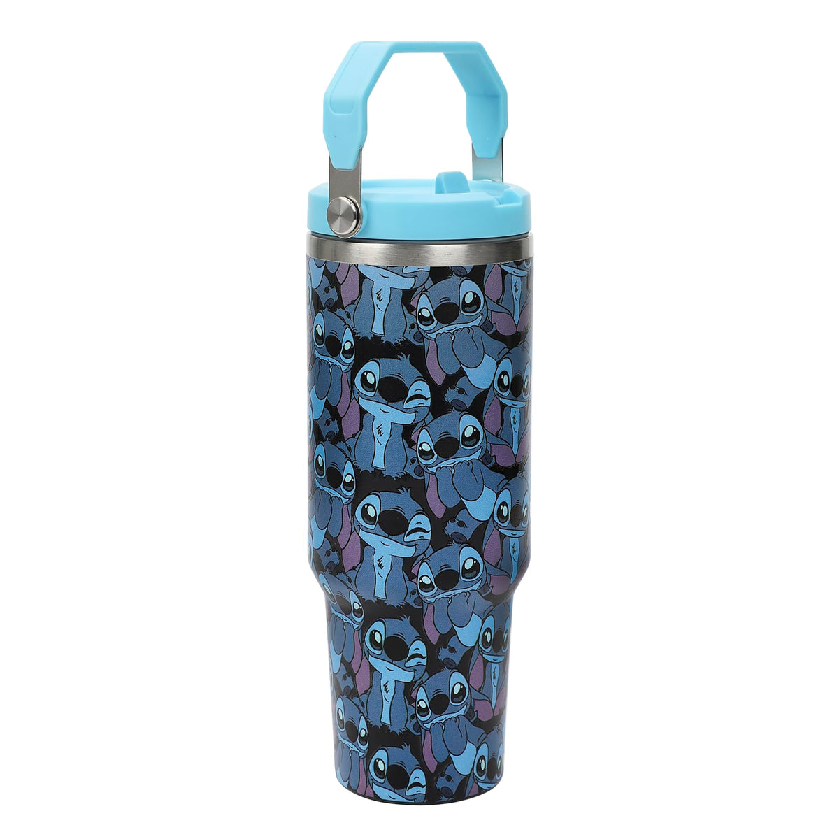 Disney Stitch blue tumbler front view showcases vibrant all-over print.