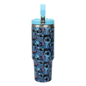 Bioworld stainless steel tumbler with handle shown from side for easy carrying.