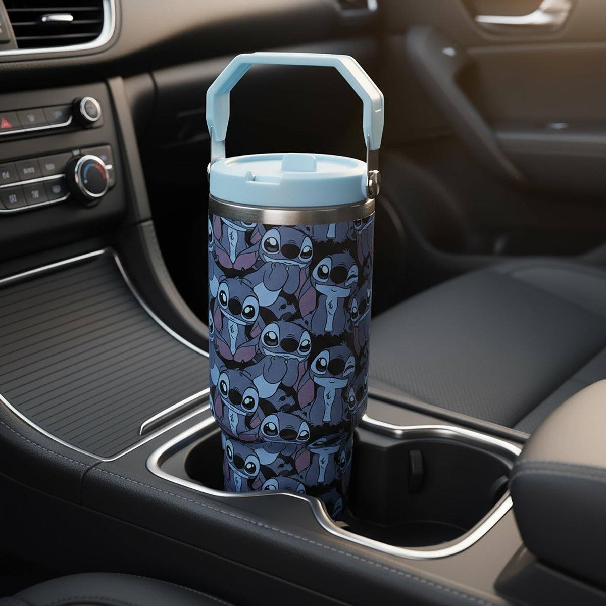 All-over Stitch print shown in close visual on blue tumbler.