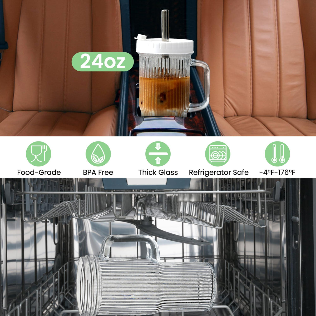 Birity glass tumbler with lids and straws keeps beverages fresh while traveling.