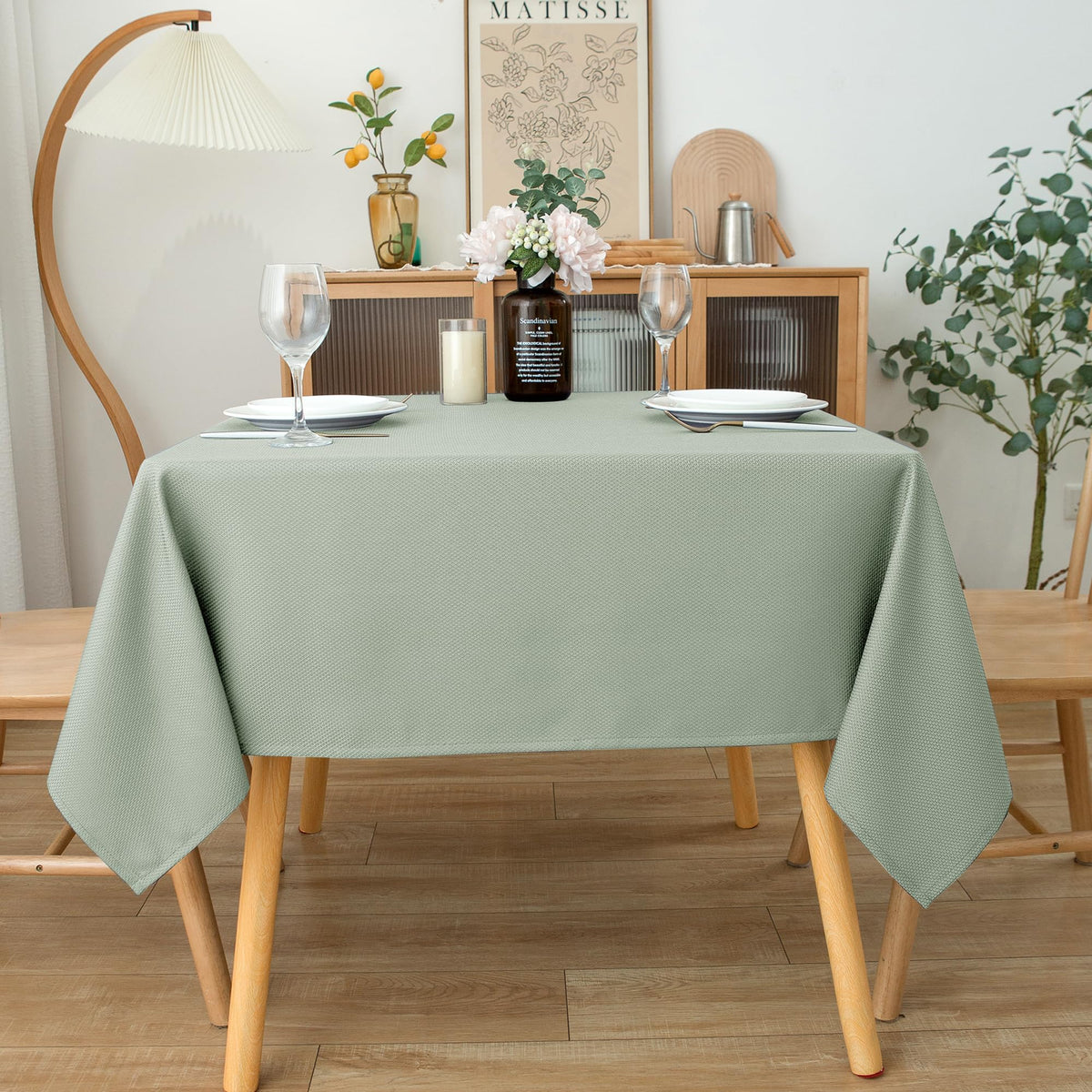 Biscaynebay square tablecloth 70x70 sage on table, ideal for refined dining