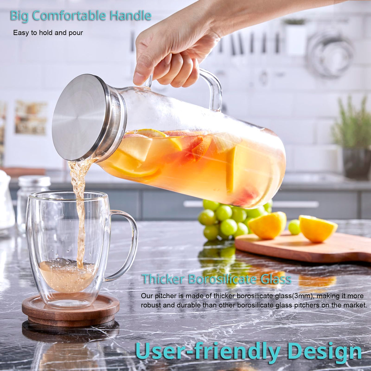 Heat-resistant borosilicate glass pitcher preserves flavor for hot or cold drinks