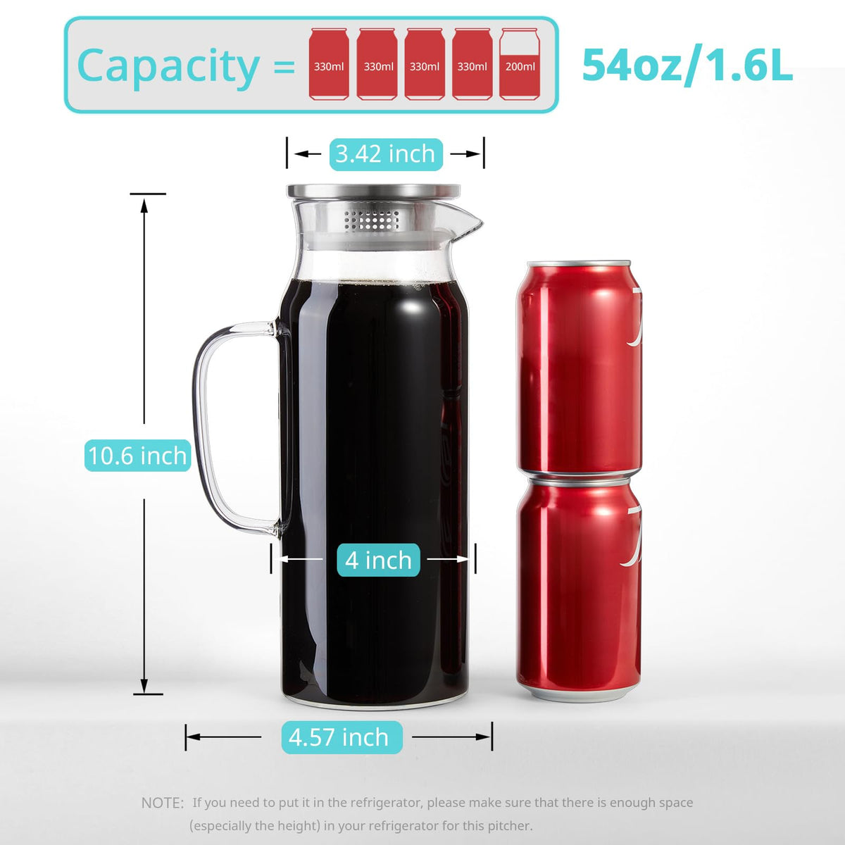 Glass pitcher wide mouth enables thorough cleaning after use
