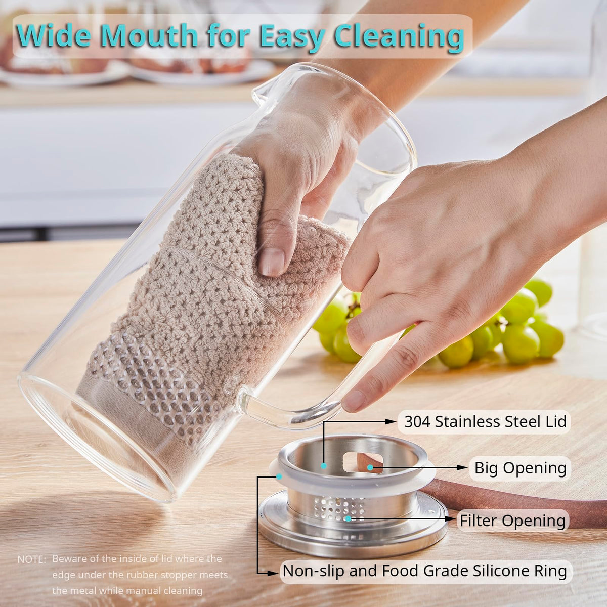 Bivvclaz pitcher wide-mouth opening makes thorough cleaning easy.