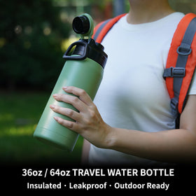 BJPKPK 64oz insulated stainless steel bottle preserves cold or hot drinks on long outings.