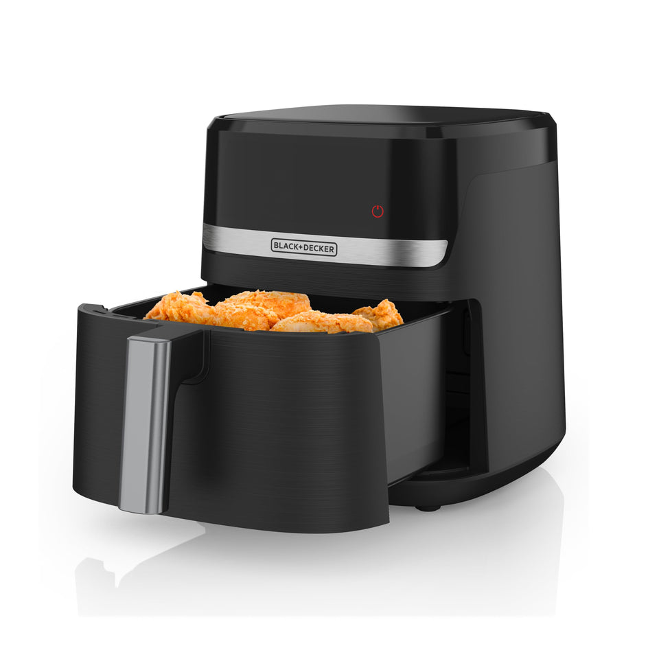 BLACK+DECKER Purifry 4QT air fryer front view with LED touchscreen for quick, crispy results.
