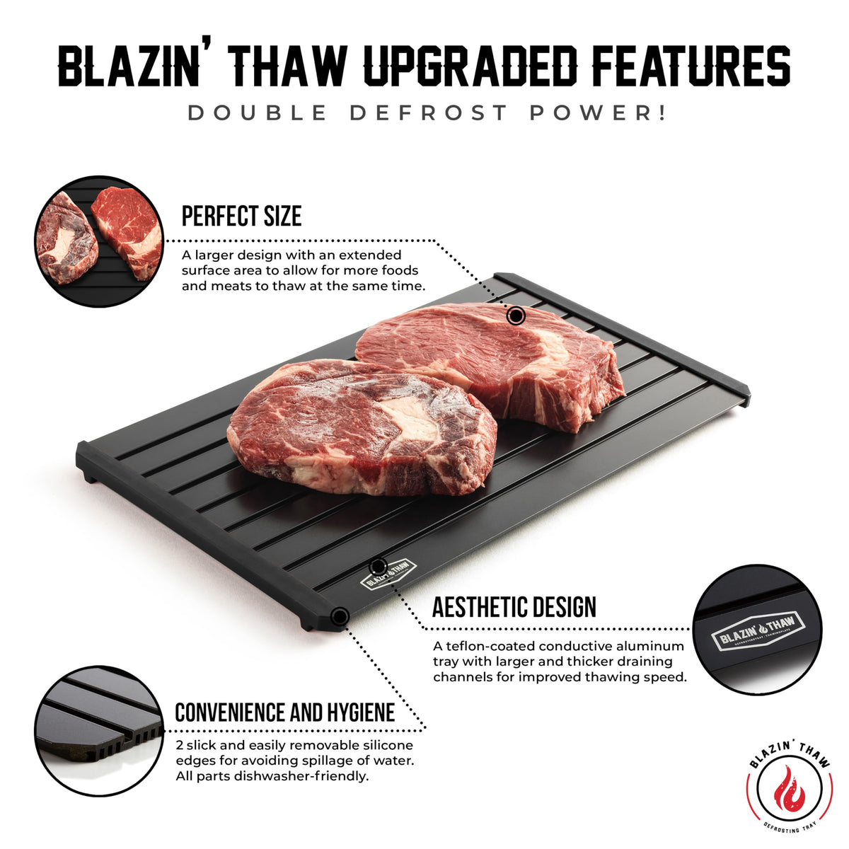 BLAZIN' THAW defrosting tray catches juices without messy drips