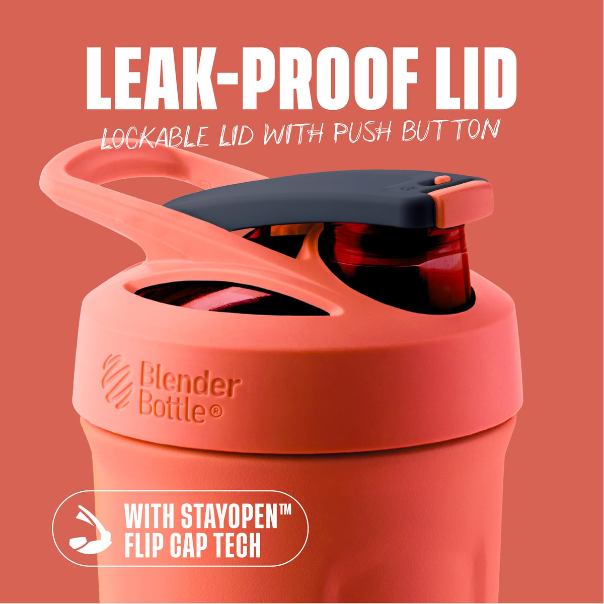 BlenderBottle Sport Shaker Cup lid showing push button lock to prevent leaks during workouts