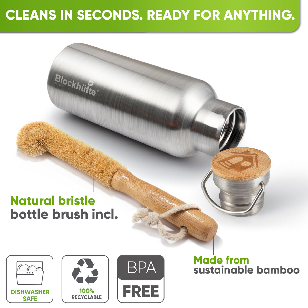 Blockhütte 25 oz stainless bottle highlights BPA-free construction and robustness