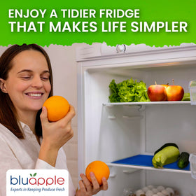 BluApple FreshMats easy-cut blue mat for quick, customizable fridge liner installation.