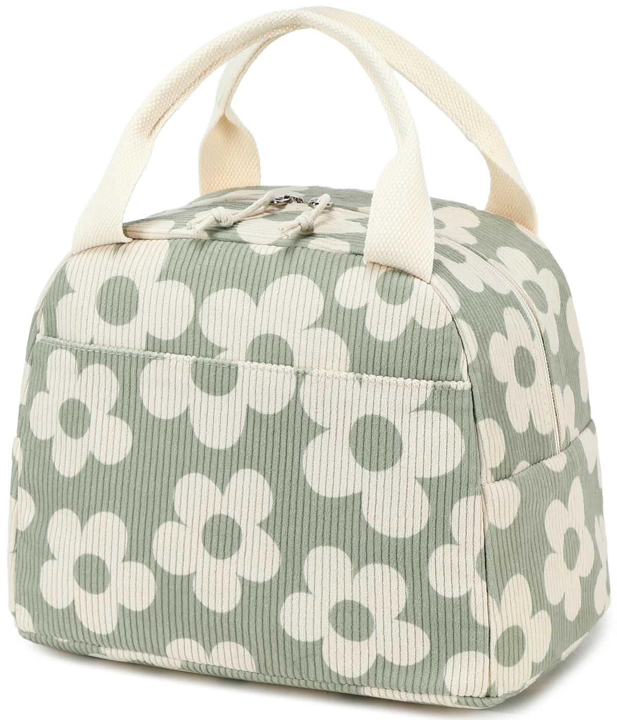 Bluboon corduroy lunch bag front view showcasing spacious insulated interior for meals.