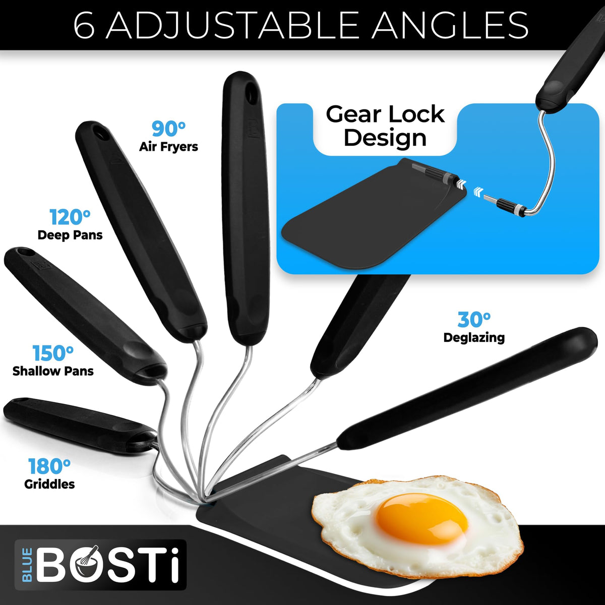 Blue Bosti Adaptula with interchangeable heads enables precise flipping and cooking tasks