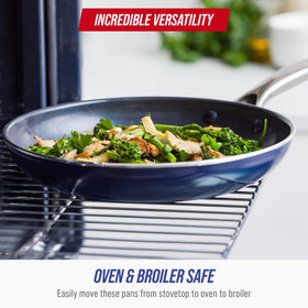 Blue Diamond pan featuring a riveted handle for a secure, ergonomic grip during cooking.