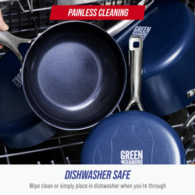 Blue Diamond pan is dishwasher safe for easy cleanup after meals.
