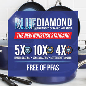 Glass lid view on the Blue Diamond pan aids precise simmering and visibility.