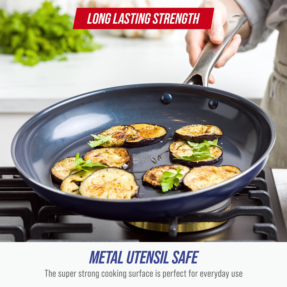 Blue Diamond glass lid lets you monitor progress while locking heat inside.