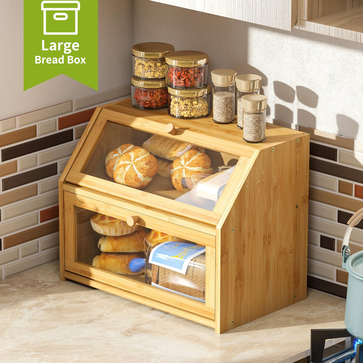 BMOSU Farmhouse bread box with acrylic door for quick visibility