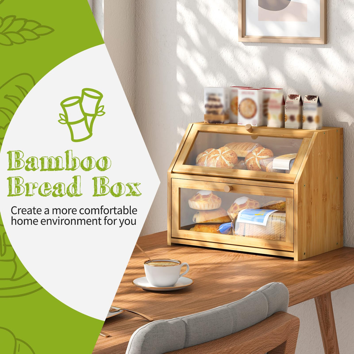 BMOSU Farmhouse bread box interior with double-layer shelves for organized storage