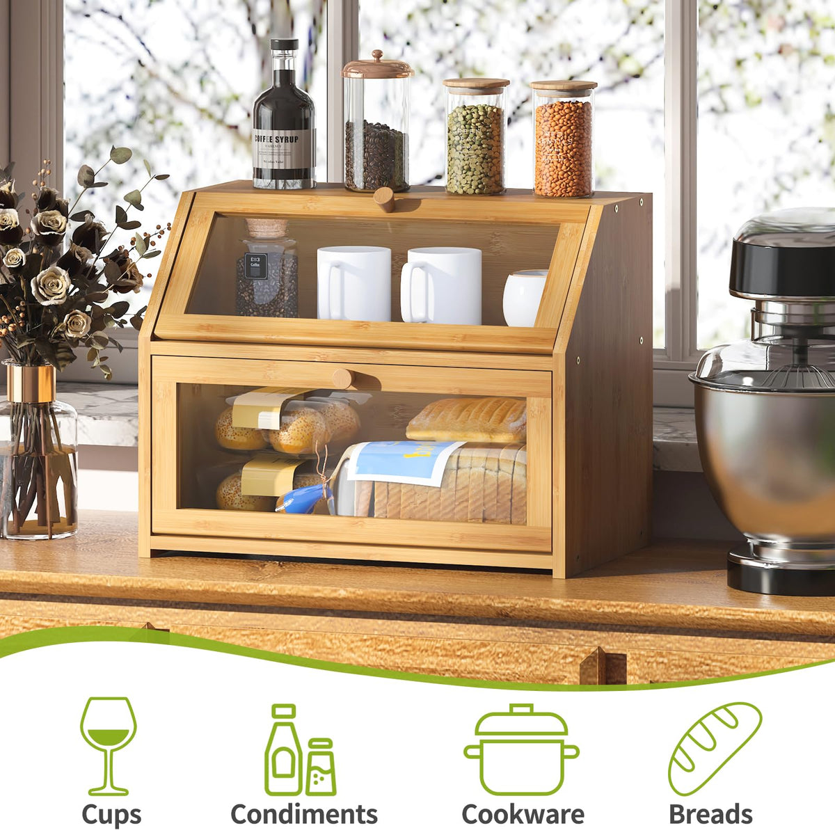 BMOSU Farmhouse bread box magnetic lock to prevent accidental closure