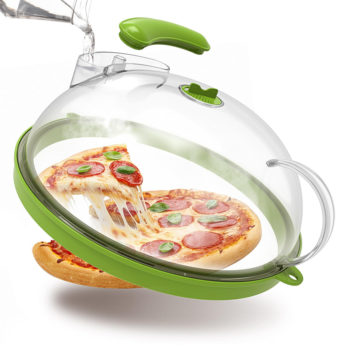 Bobomoment microwave splatter cover with water steamer in action for moist meals.