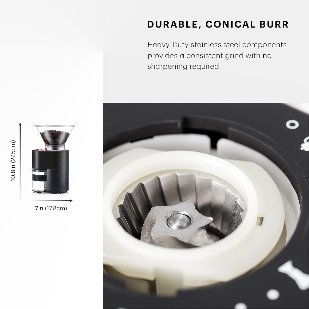 Bodum Bistro grinder conical burrs detail highlighting consistent grind