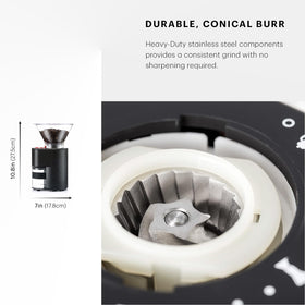 Bodum Bistro grinder conical burrs detail highlighting consistent grind