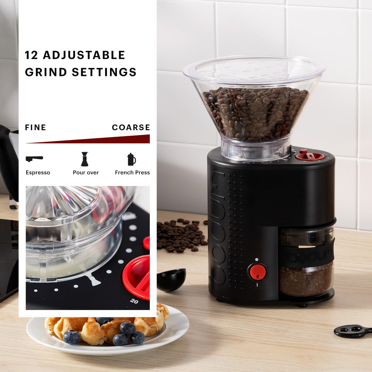 Bodum Bistro grinder ground coffee container in use, reducing static