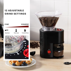 Bodum Bistro grinder ground coffee container in use, reducing static