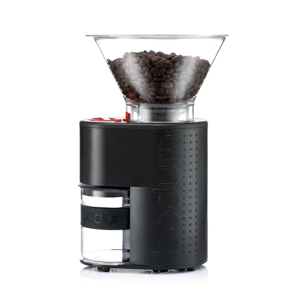 Bodum Bistro grinder side view with conical burrs for a uniform grind