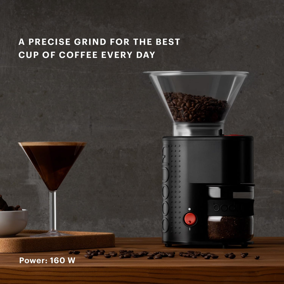 Bodum Bistro grinder top view showing the grind-setting dial for precise control