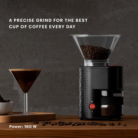 Bodum Bistro grinder top view showing the grind-setting dial for precise control