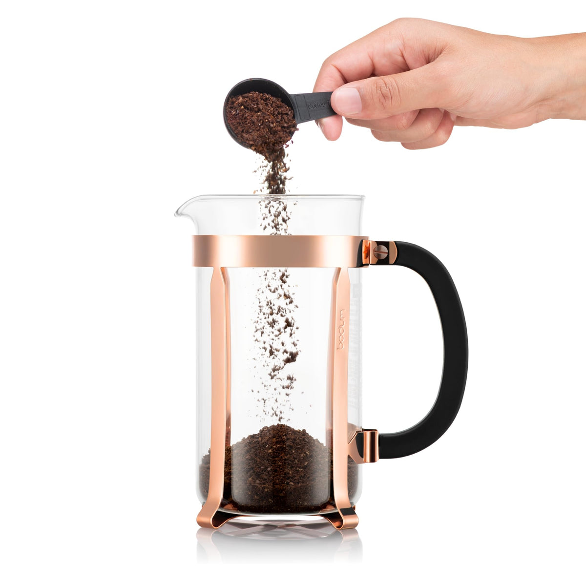 Bodum Chambord stainless steel frame with copper accents for durability and style.