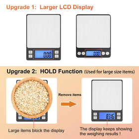 BOMATA scale showing hold function to lock measurements for large items.