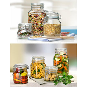 Bormioli Rocco Fido clear jar highlighting vintage kitchen style.
