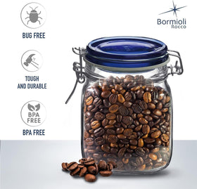 Open blue-lid display of Bormioli Rocco Fido square jar