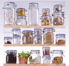 Modern design of Bormioli Rocco Fido square jaw jar with blue lid