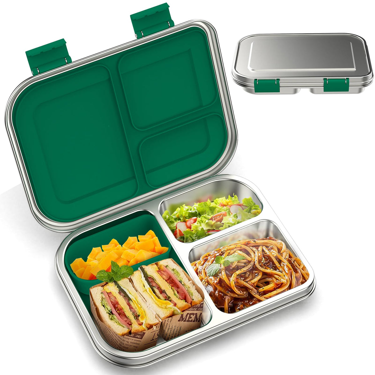 BOSEDSANG stainless steel bento box with three compartments for organized school lunches.