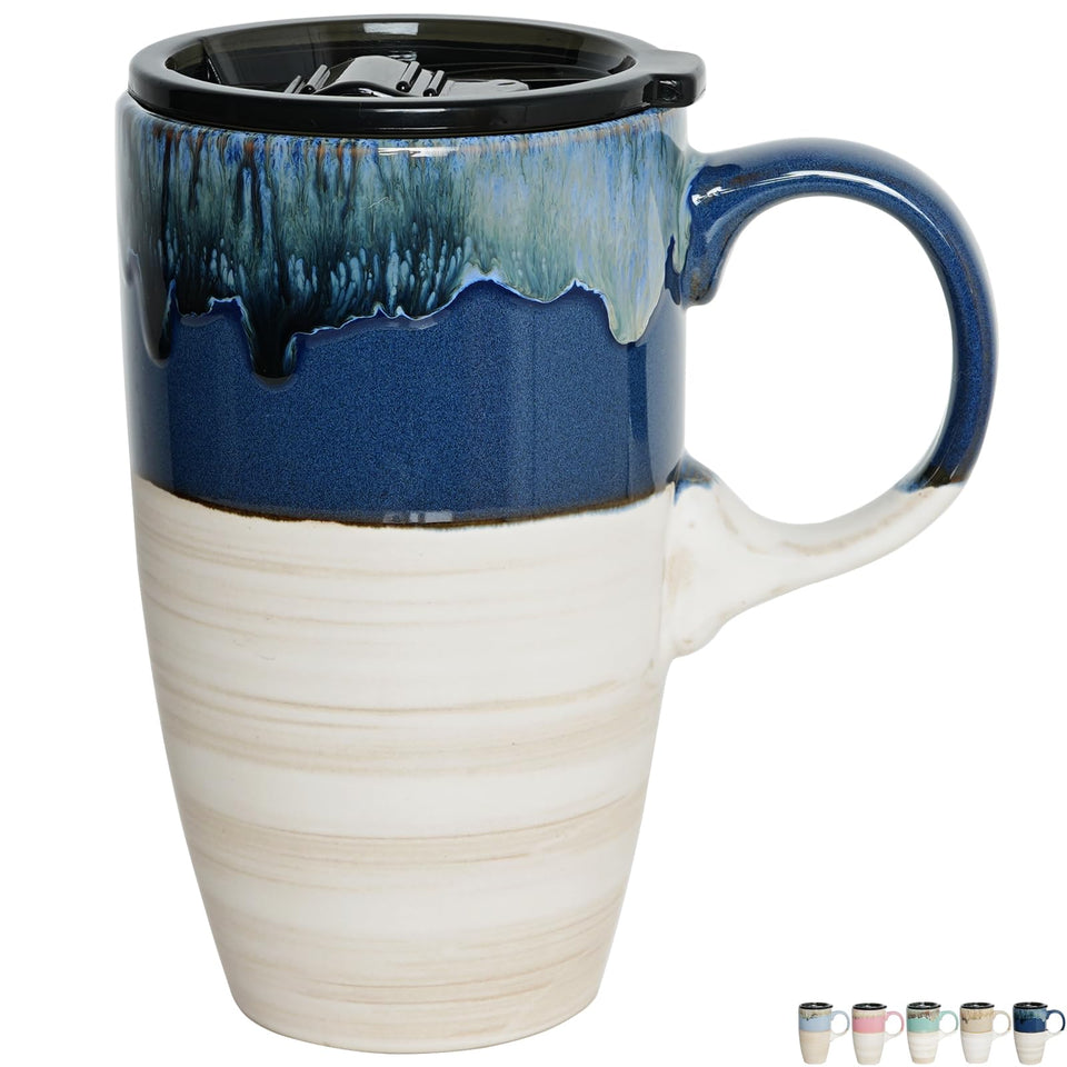 Bosmarlin ceramic travel mug in deep blue with lid on, ready for on-the-go use
